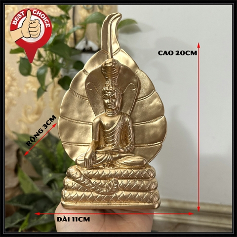 Tượng đá trang trí tượng thần rắn Naga Mucalinda che chở cho Đức Phật Thích Ca - Cao 20cm - Màu nhũ đồng