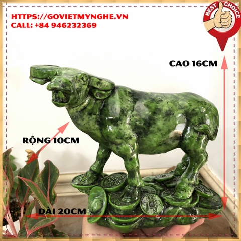 Tượng đá trang trí phong thủy tượng con Trâu chiêu giữ tài lộc phong thuỷ cho gia chủ - Cao 16cm- Xanh lục bích