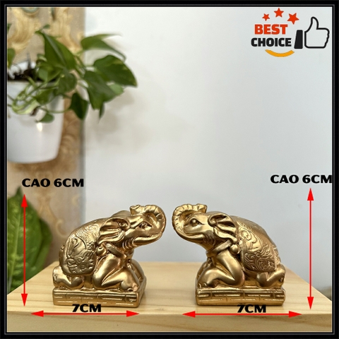 Cặp 2 tượng voi đá trang trí phong thủy bàn làm việc - Vòi hướng lên - Cỡ mini - Cao 6cm - Màu nhũ đồng