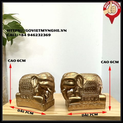 Cặp 2 tượng voi đá trang trí phong thủy bàn làm việc - Vòi hướng xuống - Cỡ mini - Cao 6cm - Màu nhũ đồng