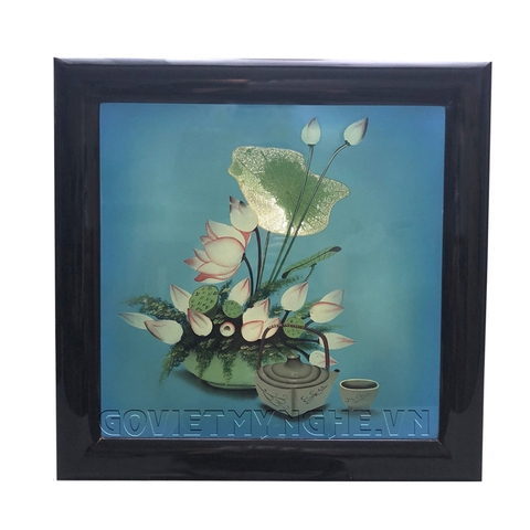 Tranh Sơn Mài Tĩnh Vật - Hoa Sen & Ấm Trà - 40x40cm