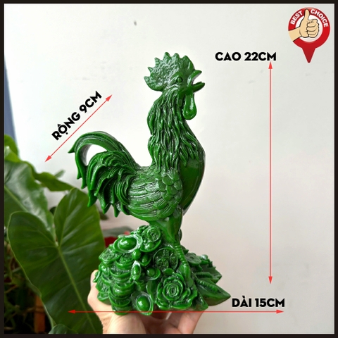 Tượng đá con gà trống trang trí phong thủy nhà cửa - Chiều cao 22cm - Màu xanh lục bích