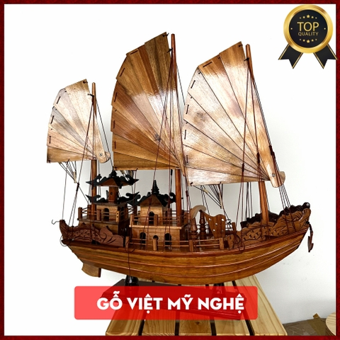 Mô hình tàu thuyền gỗ trang trí tàu Hạ Long Rồng - Dài 60cm - Gỗ Tràm - Buồm gỗ