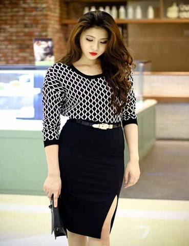 Đầm ôm công sở phối họa tiết KK107-02 | Thời trang công sở K&K Fashion