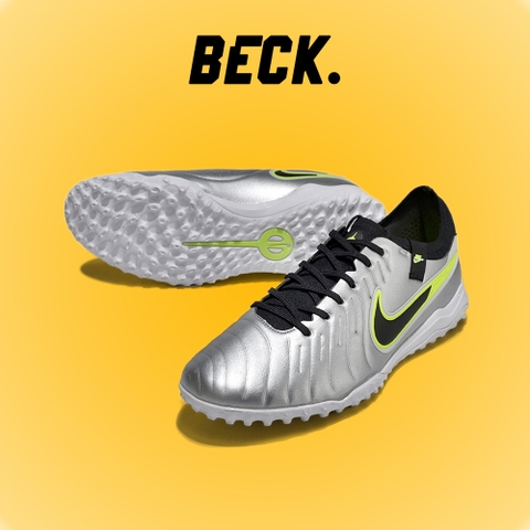 Giày Bóng Đá Tiempo Legend 10 Pro Bạc Vạch Đen Đế Trắng Lưỡi Gà Liền HQ TF