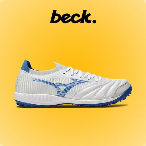 Giày Bóng Đá Mizuno Sala Beta Japan Trắng Xanh Biển Đế Đệm Cổ Lửng HQ TF