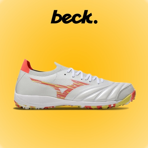 Giày Bóng Đá Mizuno Sala Beta Japan Trắng Đỏ Vàng Đế Rằn Ri Đế Đệm Cổ Lửng HQ TF