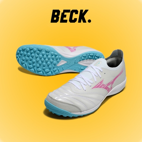 Giày Bóng Đá Mizuno Sala Beta Japan Trắng Vạch Hồng Xanh Ngọc Đế Đệm Cổ Lửng HQ TF