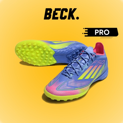 Giày Bóng Đá Adidas F50 PRO Xanh Biển Vạch Chuối Lưỡi Gà Liền HQ TF