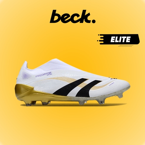 Giày Bóng Đá Adidas Predator 25 Elite Laceless Trắng Vàng Vạch Đen Không Dây FG