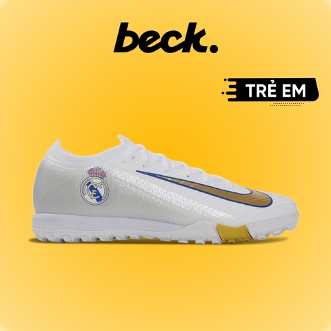 Giày Bóng Đá Trẻ Em Nike Mercurial Vapor 16 Elite Real Madrid Trắng Vàng Cổ Lửng TF
