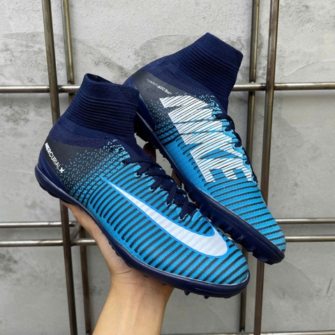 Giày Bóng Đá Nike Mercurial Superfly 5 Elite Xanh Biển Vạch Trắng Cổ Cao TF