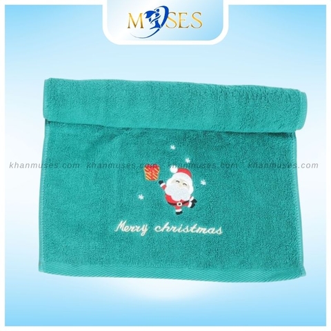 Khăn bông quà tặng Noel màu xanh - Thêu họa tiết