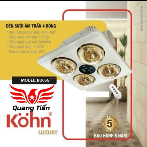 Đèn sưởi nhà tắm 4 bóng âm trần Kohn BU06GR (Có điều khiển từ xa)