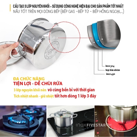 Bộ nồi inox 304 Roman Fivestar FS08G Plus liền khối