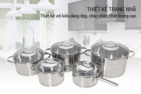 Bộ nồi inox 304 Sillit FIVESTAR cao cấp 5 chiếc 3 đáy (nắp kính) 10 pcs