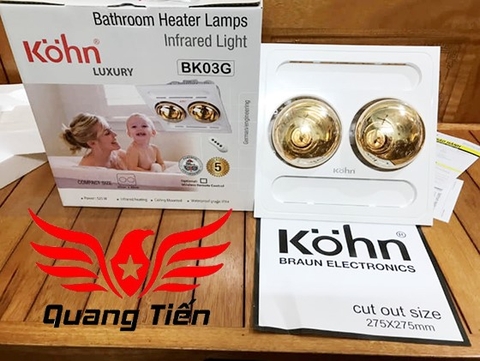 Đèn sưởi nhà tắm 2 bóng âm trần Kohn BK03G (Công tắc)