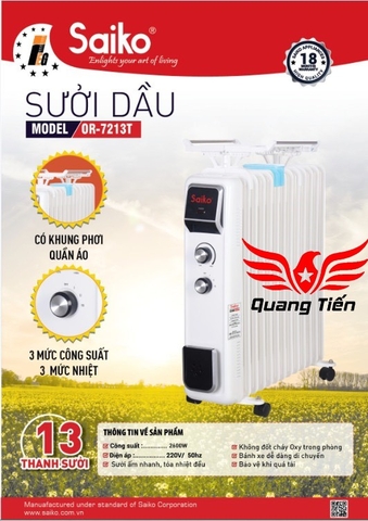 Máy Sưởi Dầu Saiko OR-7213T 13 Thanh (2600W)