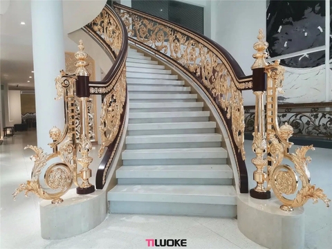 Cầu thang TLK-23-A001 Super luxury Brass stair railing with Malachite stone and 24K Gold ePlating