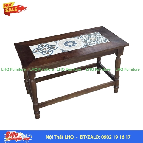 Bàn Vintage Chữ Nhật – Gạch Men Hoa Văn Cổ, Chân Tiện Có Thanh Giằng, Đẹp Như Trong Tranh