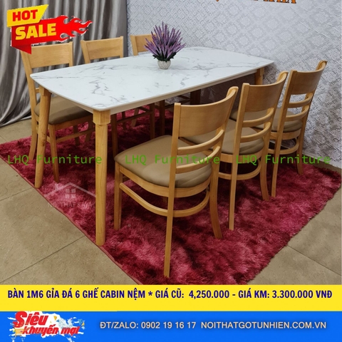 Bộ bàn 1,6m giả đá 6 ghế Cabin – Màu tự nhiên và Walnut, ghế đẩy gọn, tiết kiệm diện tích