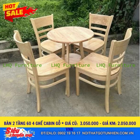 Bộ bàn 4 ghế Cabin mặt gỗ bàn 2 tầng tròn 60cm – Màu tự nhiên – Ghế mặt gỗ chắc chắn