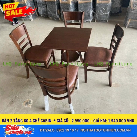 Bộ bàn 4 ghế Cabin bàn 2 tầng vuông 60cm – Màu nâu óc chó – Gỗ cao su tự nhiên