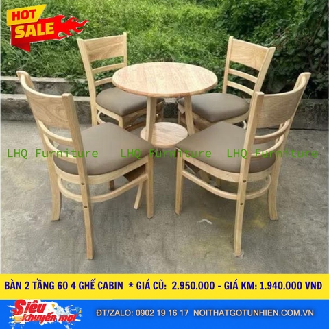 Bộ bàn 4 ghế Cabin bàn 2 tầng tròn 60cm – Màu gỗ tự nhiên – Nệm si Thái Lan êm ái