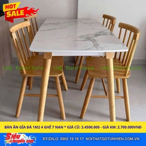 Bộ bàn ăn 4 ghế 7 nan mặt giả đá 1m2 – Gỗ cao su tự nhiên – Nội Thất LHQ