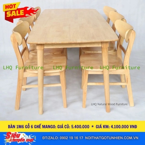 🔥 Siêu sale – Bộ bàn 1m6 gỗ tự nhiên + 6 ghế Mango mặt gỗ – Giá chỉ 4.100.000đ