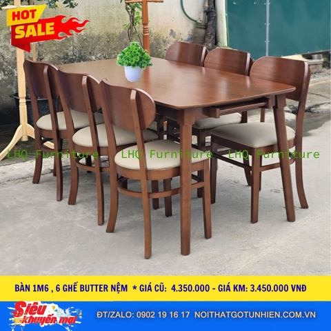 Siêu Ưu Đãi – Bộ Bàn Ghế Ăn Cabin Butter 1m6, 6 Ghế Chỉ 3.450.000đ