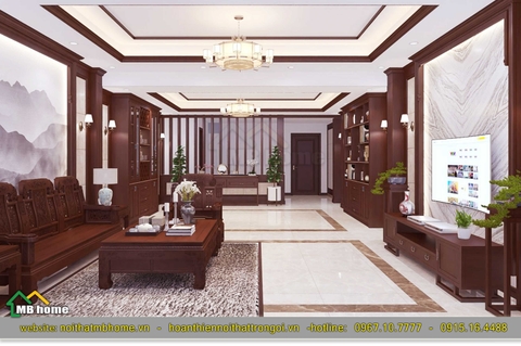 Thiết kế nội thất phòng khách và phòng ngủ với chất liệu gỗ nâu đậm chủ đạo