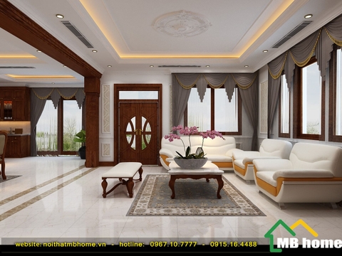 Thiết kế nội thất phòng khách biệt thự với phong cách tân cổ điển sang trọng