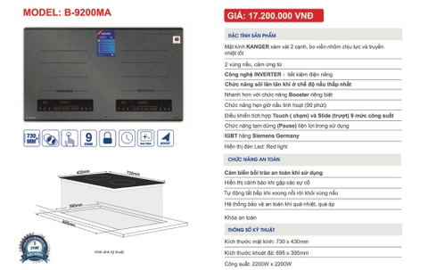 Bếp từ đôi Blueger B9200MA , made in malaysia, kính kanger xám, 2200Wx2200W ,