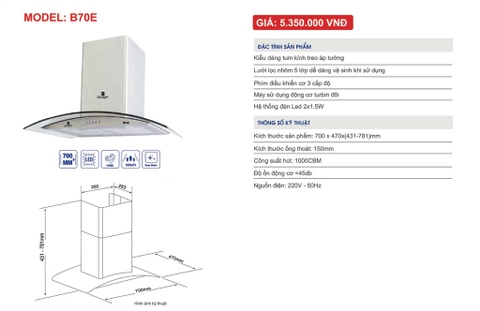 Quạt hút mùi Blueger B70E , kính cong, mặt inox, motor 230W