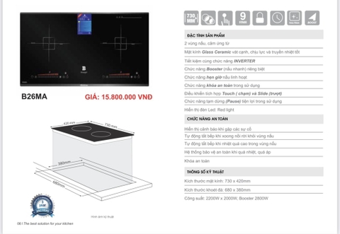 Bếp từ đôi Blueger B26MA, madein malaysia, 2200Wx2000W, Booster 2800W