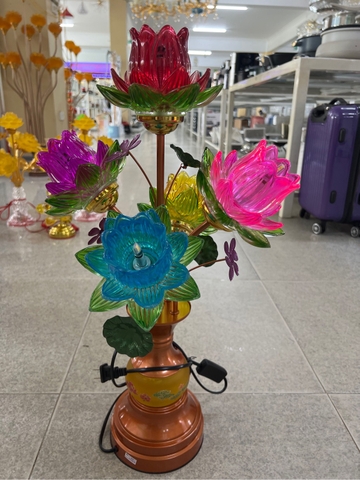 đèn thờ C2 thân lưu ly 5 bông chao thủy tinh)