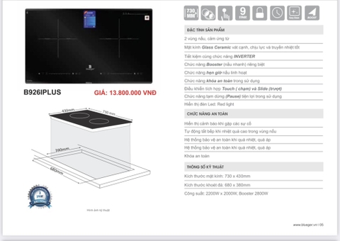 Bếp từ đôi Blueger B926 Iplus , Madein malaysia , 2200Wx2200W