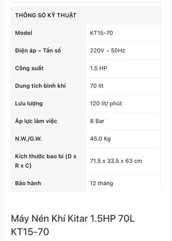 Máy nén khí Kitar có curoa KT15 - 70L , 1.5HP , 120L/phút,