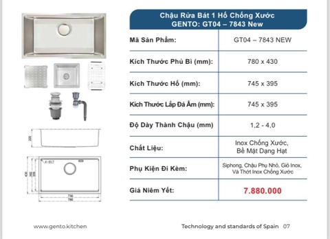 Chậu rửa bát Gento GT04-7843 New inox chống xước