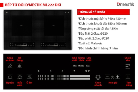 Bếp từ đôi Dmestik  ML222DKI, chế độ liu riu, nấu cơm,  2200Wx2200W , BH 3 năm