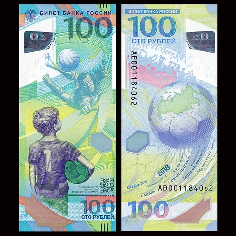 100 rubles Russia kỉ niệm World Cup 2018 polymer