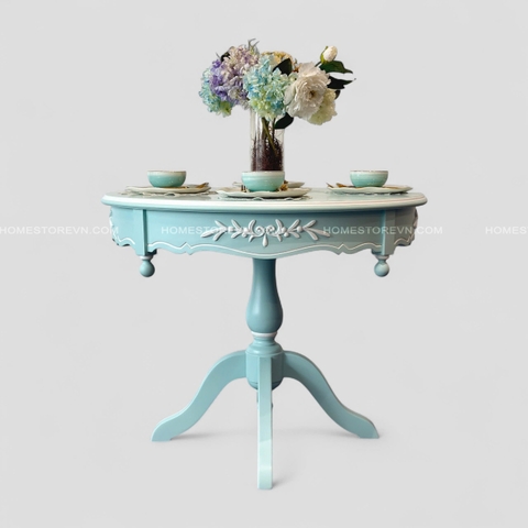 Bàn ăn tròn D94cm Vintage xanh có hoa văn nổi