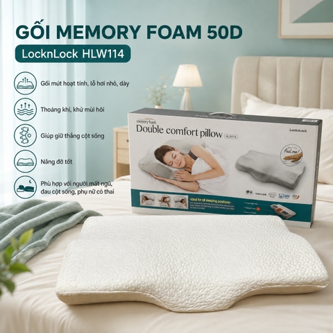 Gối Memory Foam 50D LocknLock HLW114 (62 x 34 x 10 cm) cao su non đàn hồi cao êm ái và hỗ trợ tối ưu cho cổ và vai