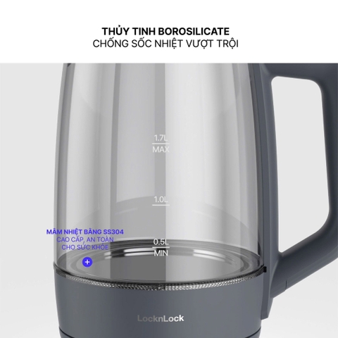 Ấm siêu tốc LocknLock thủy tinh Borosilicate EJK276GRY