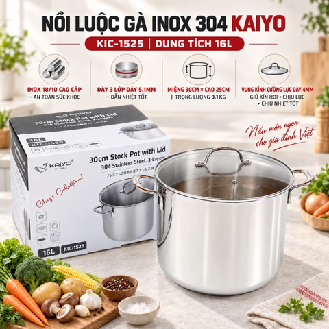 Nồi luộc gà inox 304 KAIYO size 30cm 16L mã KIC-1525 | Size 28cm 12L mã KIC-1518