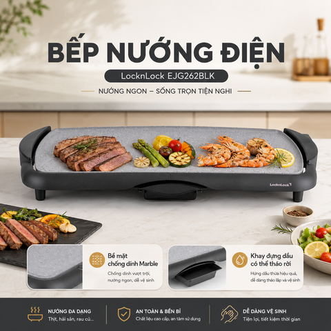Bếp nướng điện LocknLock EJG262BLK mặt bếp rộng, nướng nhanh, chín đều