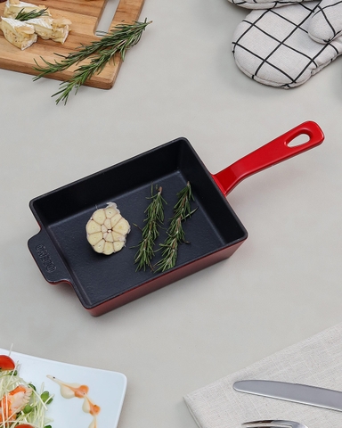 Chảo gang Oceno hình chữ nhật, size 14x18cm, màu đỏ mã OFR-1358