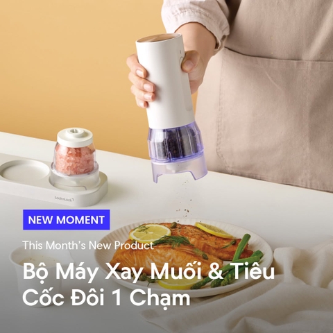 Máy xay tiêu & muối cốc đôi LocknLock 1 chạm CKO119WHT dùng pin sạc