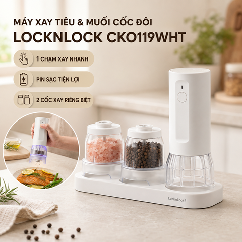 Máy xay tiêu & muối cốc đôi LocknLock 1 chạm CKO119WHT dùng pin sạc